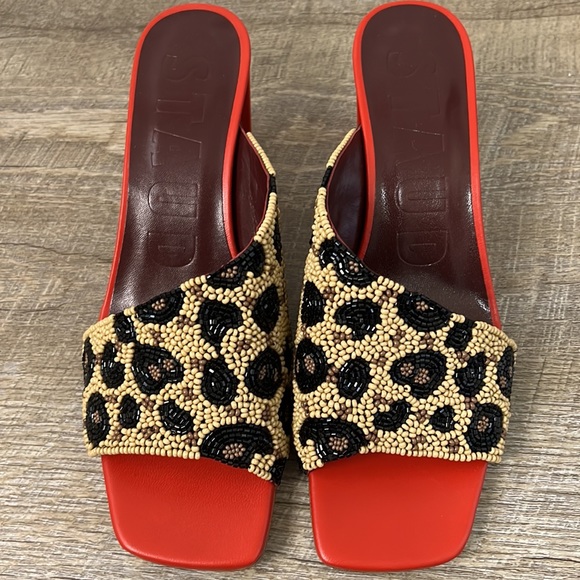 STAUD Women's Red Asymmetrical Beaded Mule Sandals Size 40 - Picture 2 of 4